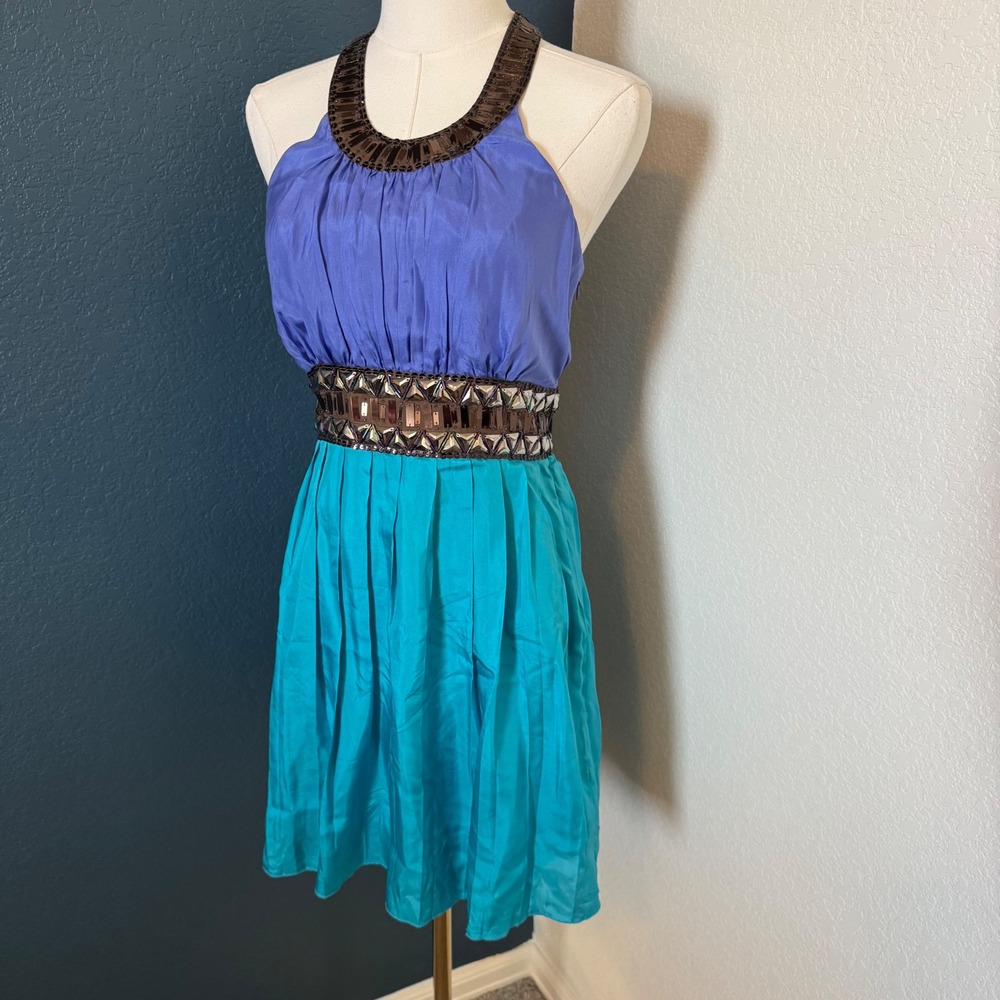 Vintage Indie Sleaze Forever 21 100% Silk Halter Dress Small Blue Teal